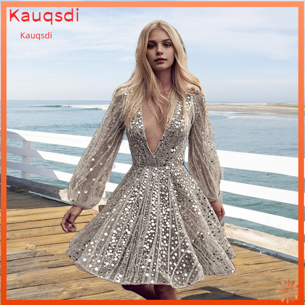 Women Dress Form-fitting Elegant Deep V Neck Sequin Mesh A-line Mini with Long Lantern Sleeves – Perfect for Prom Cock
