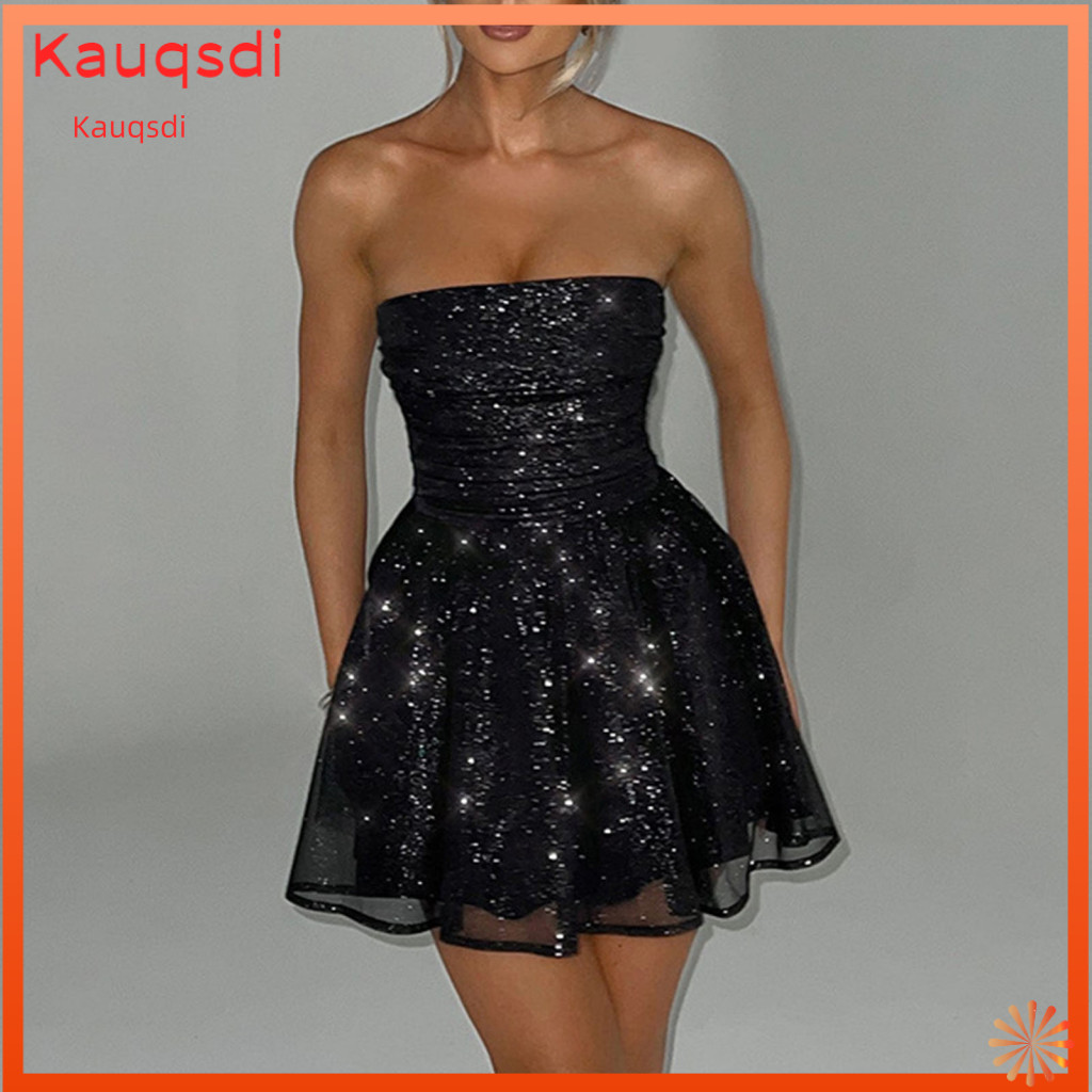 Evening Dress with Bow Decoration Women Formal Gown Lady Prom Mini Off Shoulder A-line Big Swing Back Mesh Pleated Short