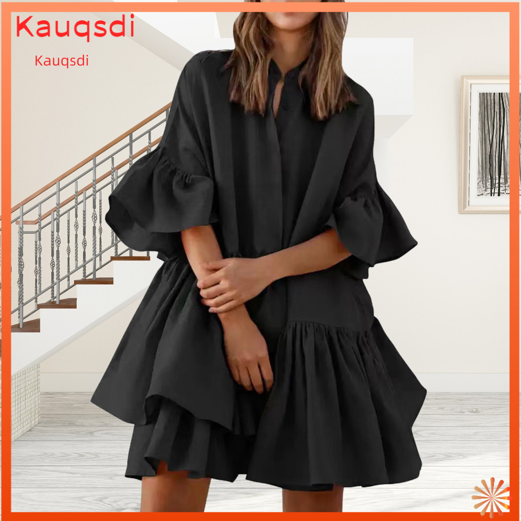 Women Solid Color Dress Casual Loose Women’s Summer Babydoll Tiered Ruffle Sleeve Pleated Mid-length Swing Mini Fit fo