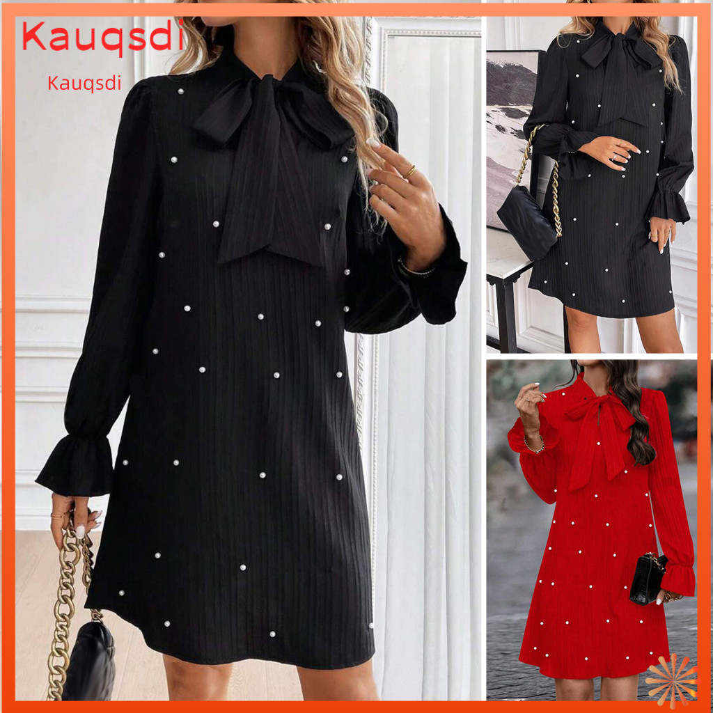 Women A-line Dress Round Neck Long Sleeve Women’s Lace-up Bow Mini with Puff Sleeves Faux Pearl Detail Above Knee Leng