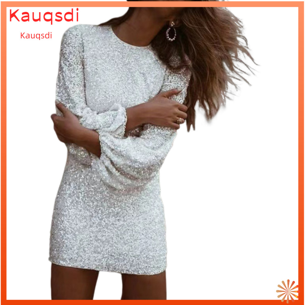 Women Sequin Dress Slim Fit Women’s Long Lantern Sleeve Mini Sheath Party Round Neck Prom Banquet for Spring and Fall
