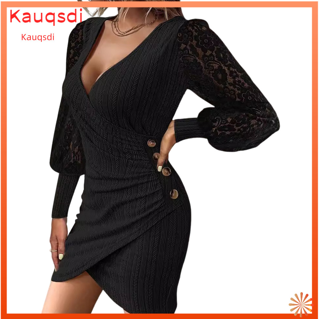 Women Spandex Dress Solid Color A-line Women’s Hollow Out Lace Sleeve Mini Slim Fit Sheath with V Neck Irregular Hem F