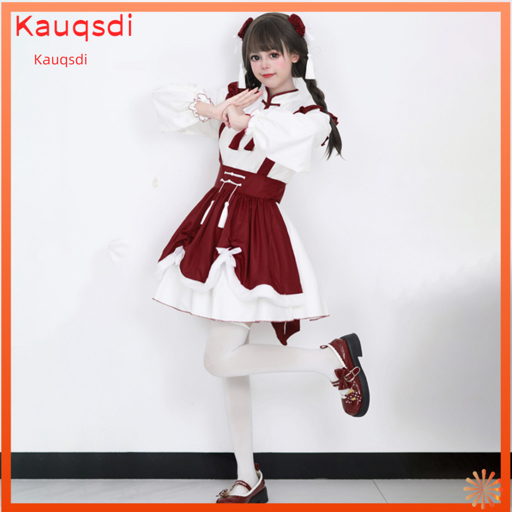 Women Lolita Style Dress A-line Cosplay Maid Hollow Out Shirring Tassel Bow Pleated Mini Party Costume for Role Play New
