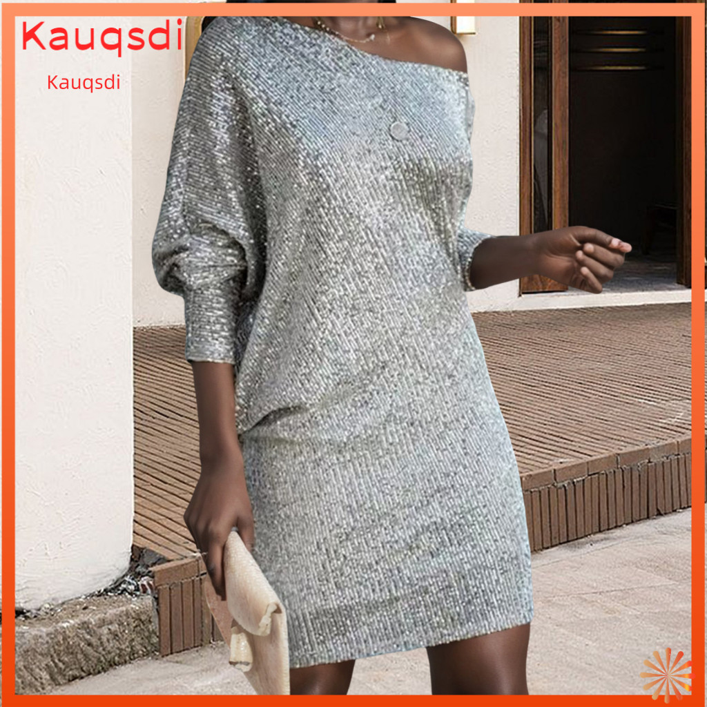 Casual Loose Fit Dress Women’s Sequin Mini One Shoulder Long Sleeve Evening Party Elegant Slant Neck Prom Solid Color