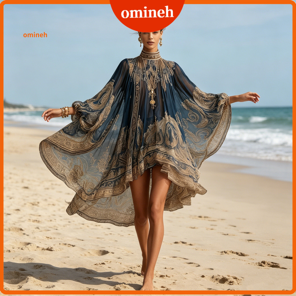 Puff Sleeve Boho Dress Retro Style Floral Print High Neck Chiffon Mini for Women Long Flowing Summer Beach Party Cocktai