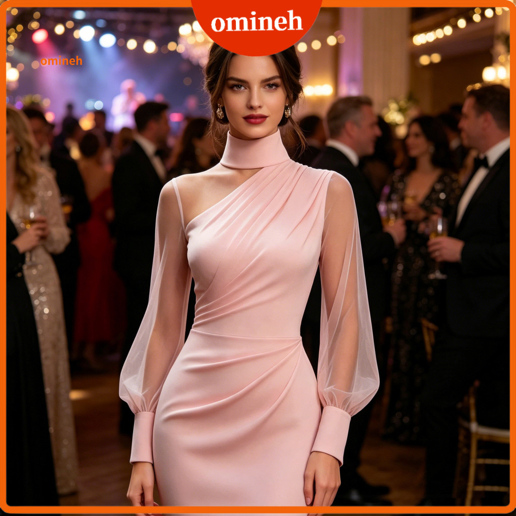 Women Dress Slim Fit Women’s Mesh Sheer Long Sleeve Mini Ruched Bodycon Mock Neck Party Elegant Cocktail Evening Gown