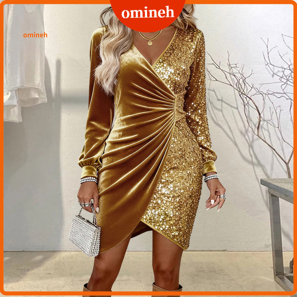 Festive Glam Dress Sequined Velvet Mini Skirt Women’s Sequin Long Sleeve V Neck Ruched Bodycon Glitter Party Cocktail