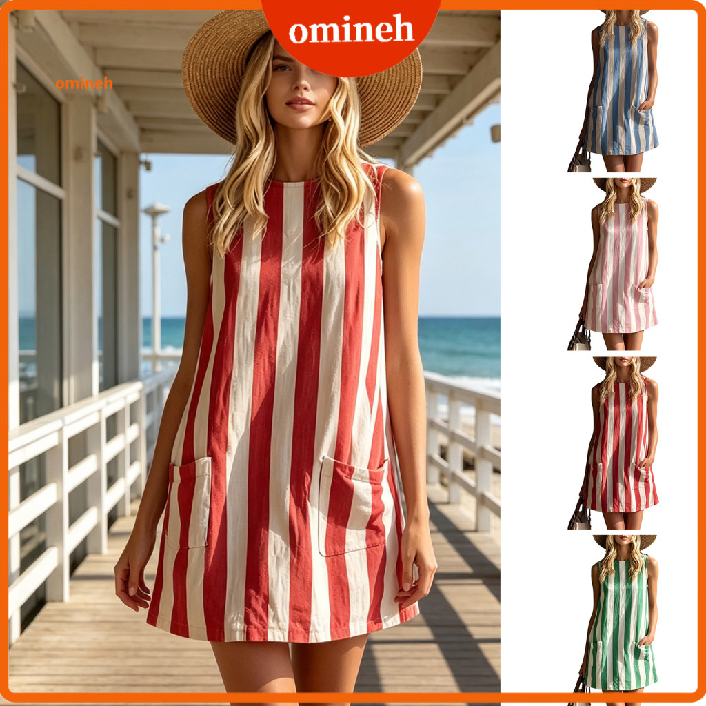 Slim Fit Dress Women Beach Holiday Women’s Mini Tank with Striped Print and Pockets – Lightweight Crew Neck Summer V