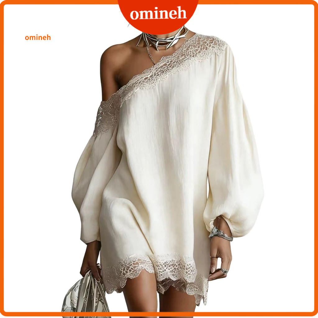 Party Dress Mid-length Women’s Off-shoulder Loose Mini Batwing Long Sleeve Lace Trim Elegant Club Cocktail Perfect Sum