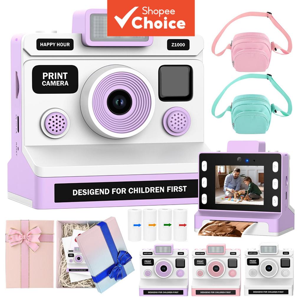 Câmera Instantânea Digital Infantil 1080p com Função de Selfie, Impressão Térmica, Modo de Disparo em Sequência,