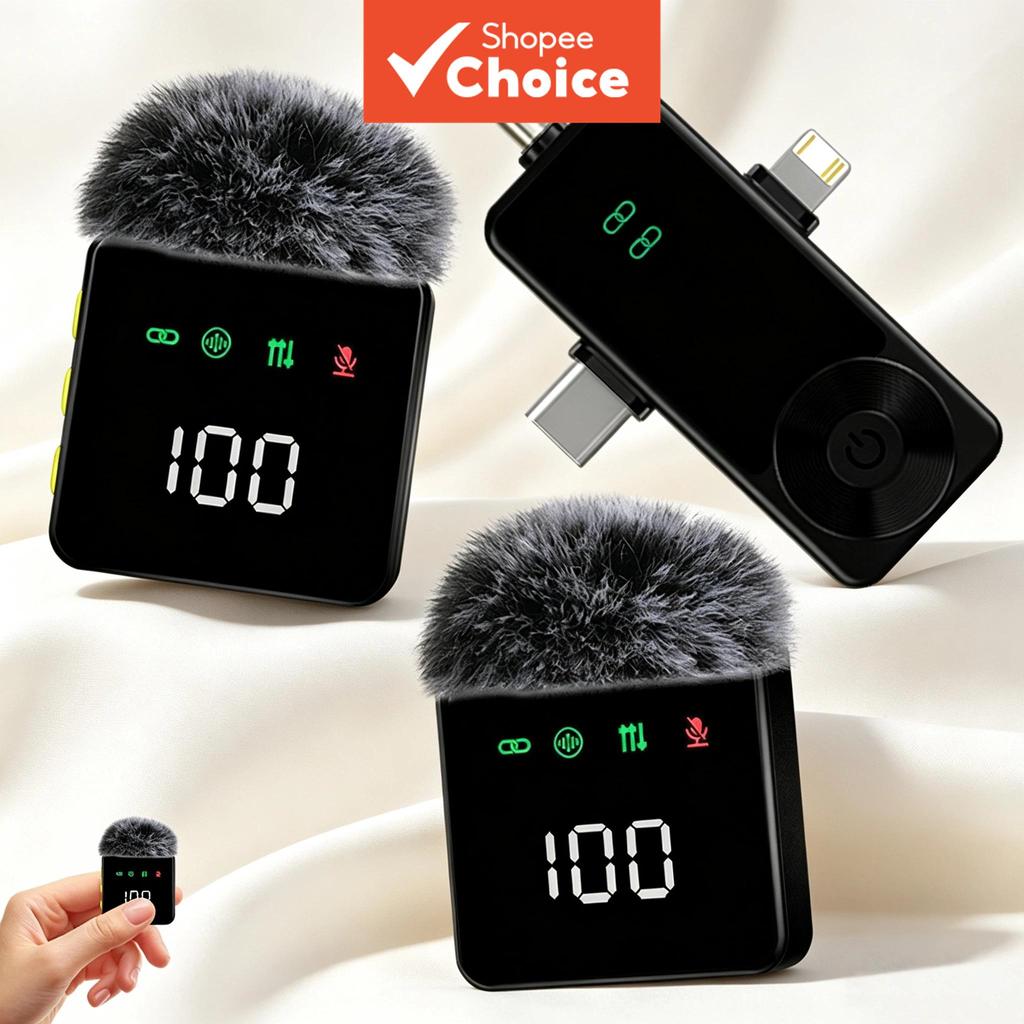 Microfone de Lapela Sem Fio Duplo com Três Conectores, Display Digital de Status, Baixa Latência, Ideal para Vlog,