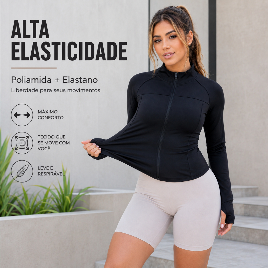 Jaqueta Fitness esportiva Feminina Academia | Poliamida com elastano | Dedeiro | Fechamento Ziper | Slim Fit