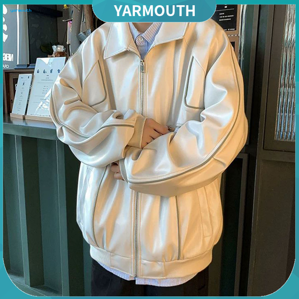 Men Jacket Waterproof Windproof Men's Faux Leather with Lapel Long Sleeves Multi Pockets Zipper Warm Stylish Coat for So
