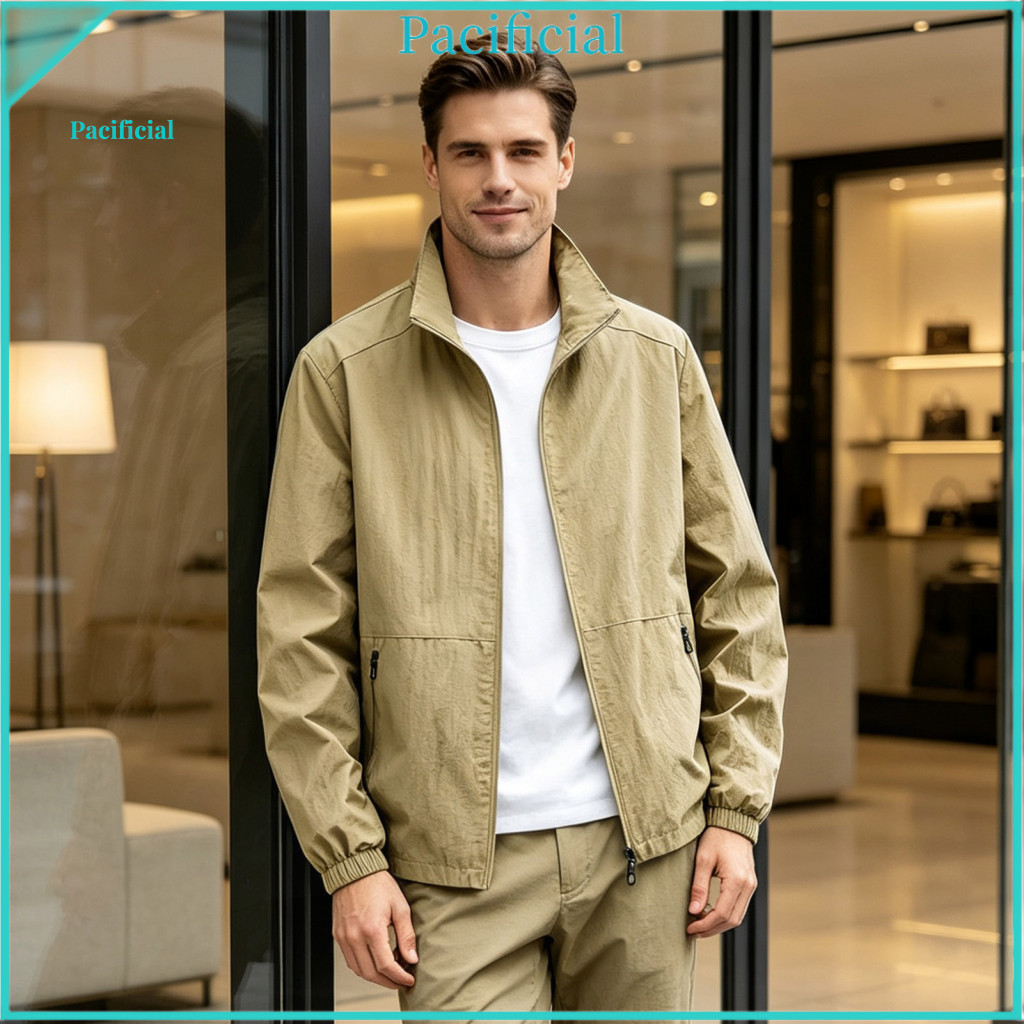 Durable Polyester Zippered Coats Full Zip Utility Coat Men’s Windbreaker Jacket Waterproof Windproof Stand Collar Zip-