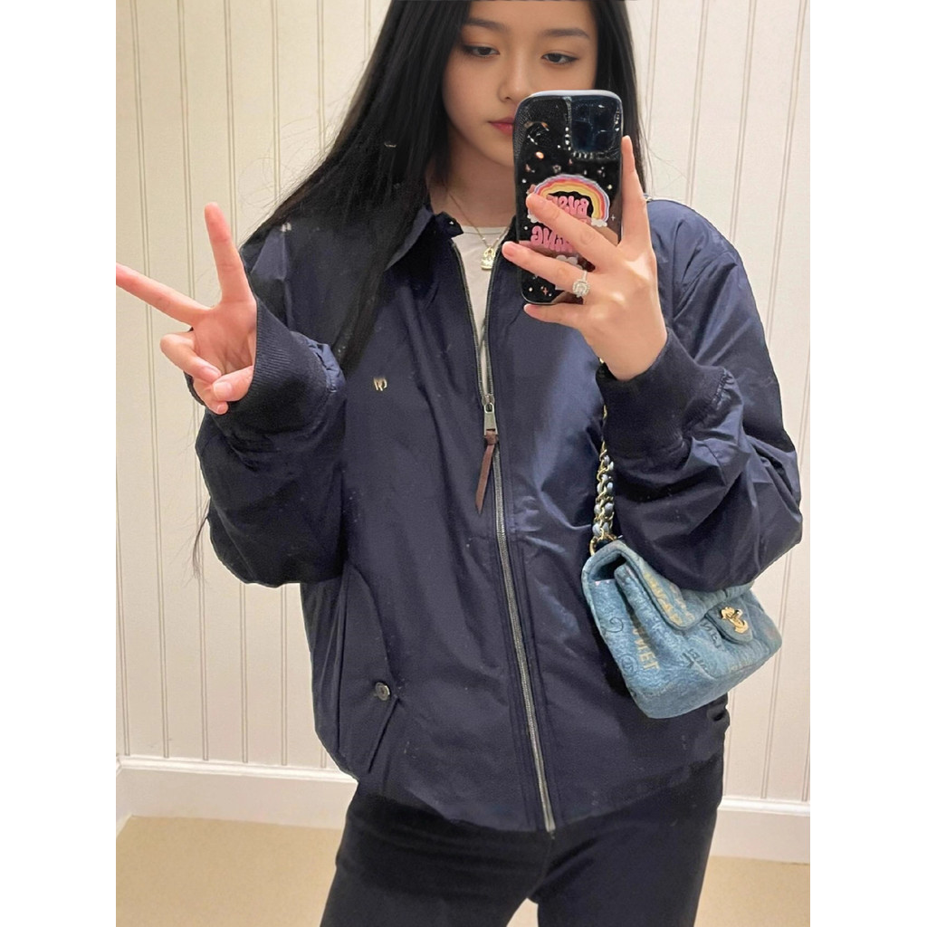 Autumn and winter zip-up jacket, waterproof, with lapel and embroidery, vintage style, couple's jacket, women's old offi