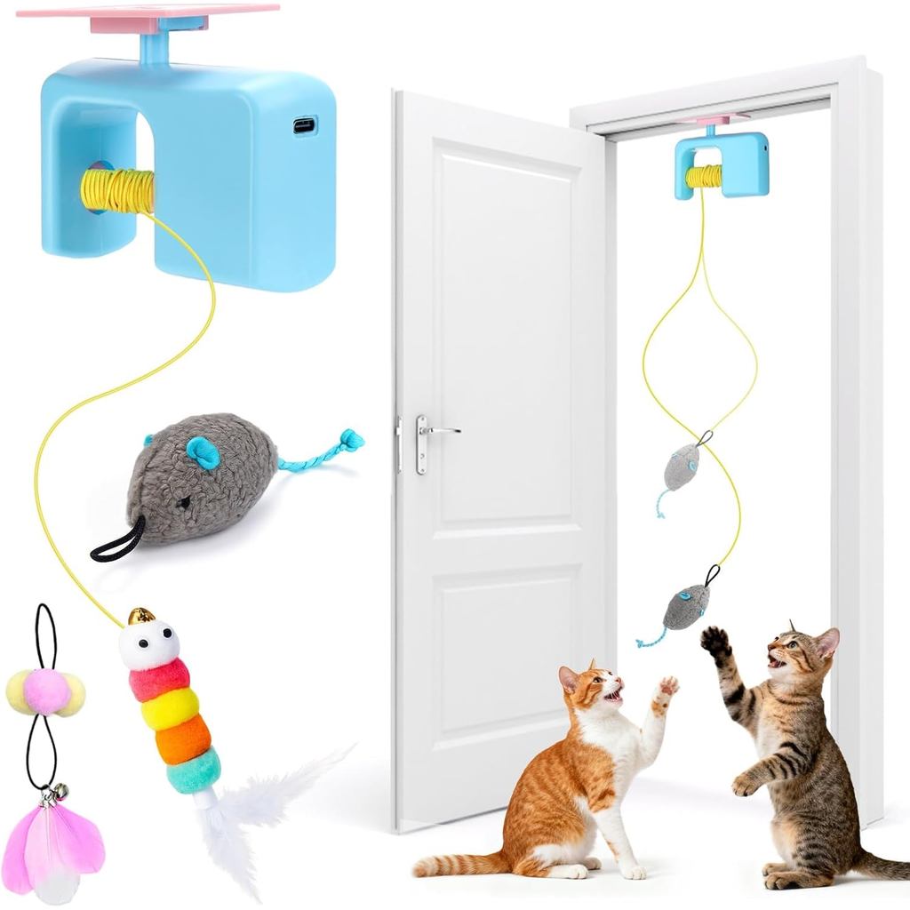 Mity rain Hanging Cat Toy for Indoor Cats Automatic– Interactive Cat Toy with Caterpillar, Gray Mouse and Feather Toys,