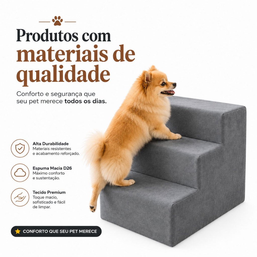 Escada Escadinha Pet 3 Degraus para Cães e Gatos Madeira e Tecido Premium Espuma Macia D26 Cor Cinza
