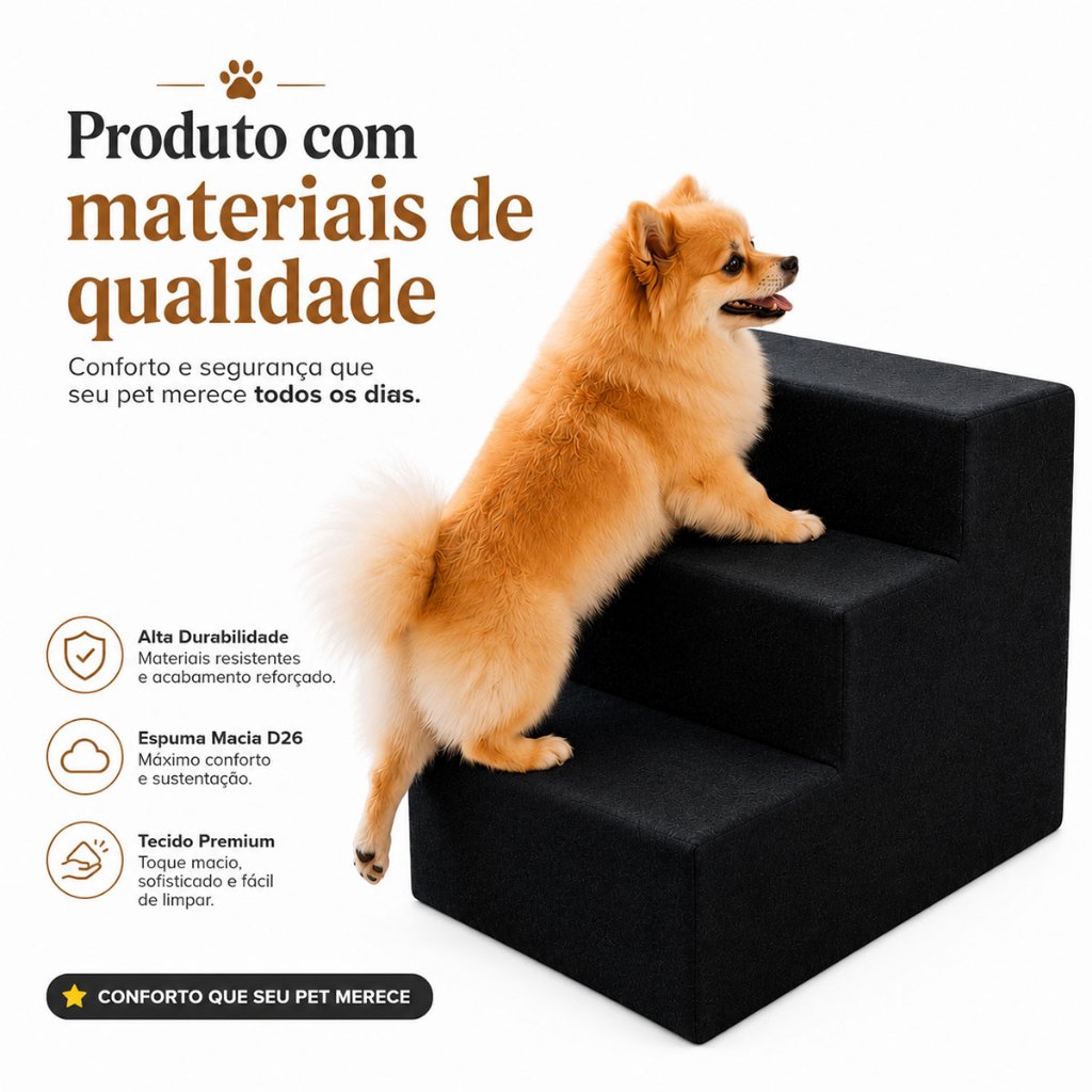 Escada Escadinha Pet para Cães e Gatos Madeira e Tecido Premium Espuma Macia D-26 Cor Preta