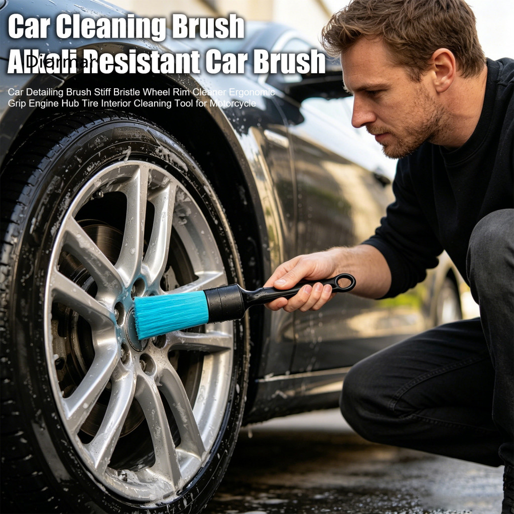 Long Handle Car Brush Universal Detailing Stiff Bristle Wheel Rim Cleaner with Ergonomic Grip – Engine Hub Tire Motorc