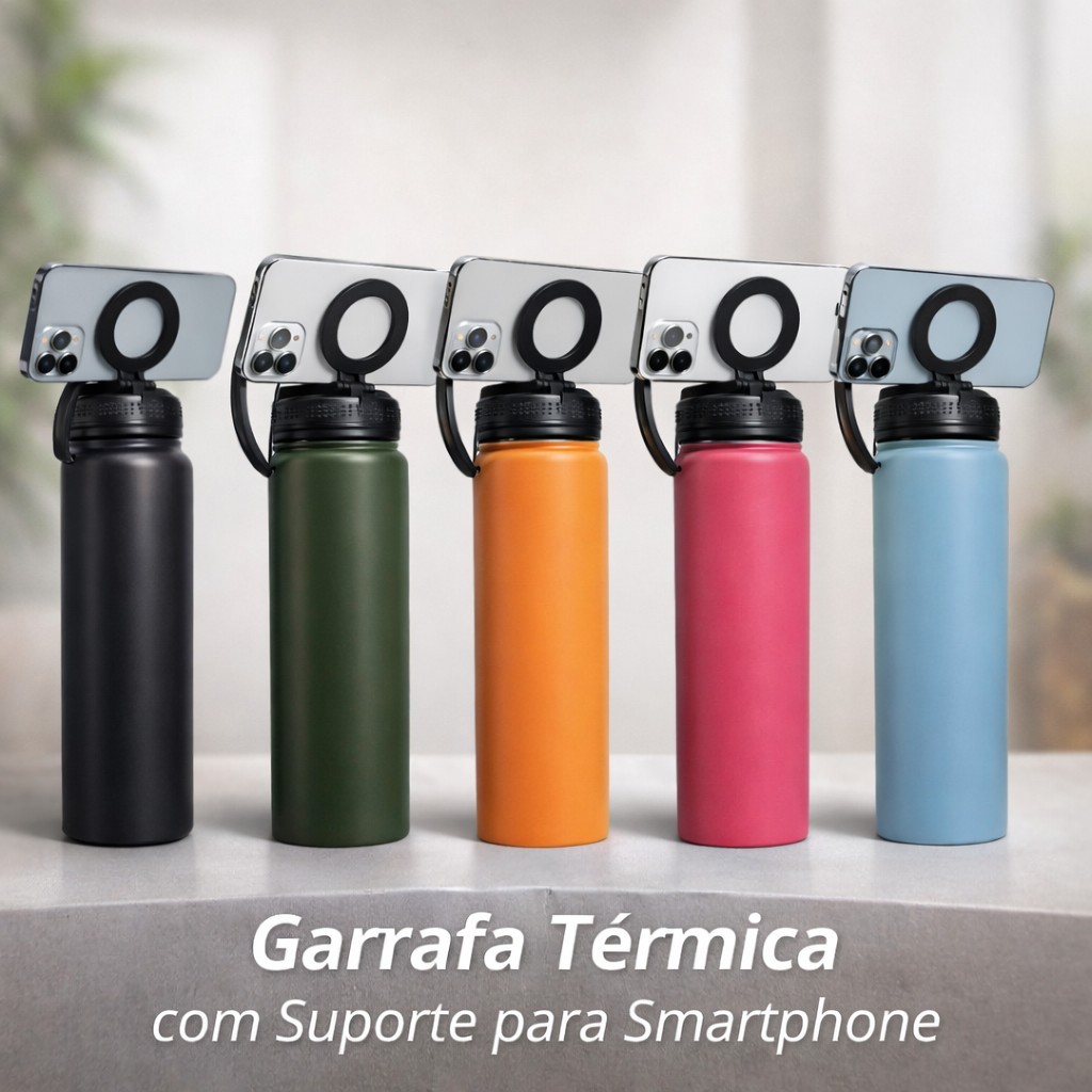 GARRAFA TÉRMICA PREMIUM 750ML INOX COM SUPORTE MAGNÉTICO PARA SMARTPHONE - ACADEMIA, VIAGEM E DIA A DIA - FRIO E QUENTE