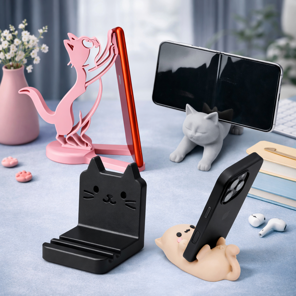 Suporte para Celular Gatinho Fofo Premium | Base para Smartphone de Mesa com Gato Kawaii