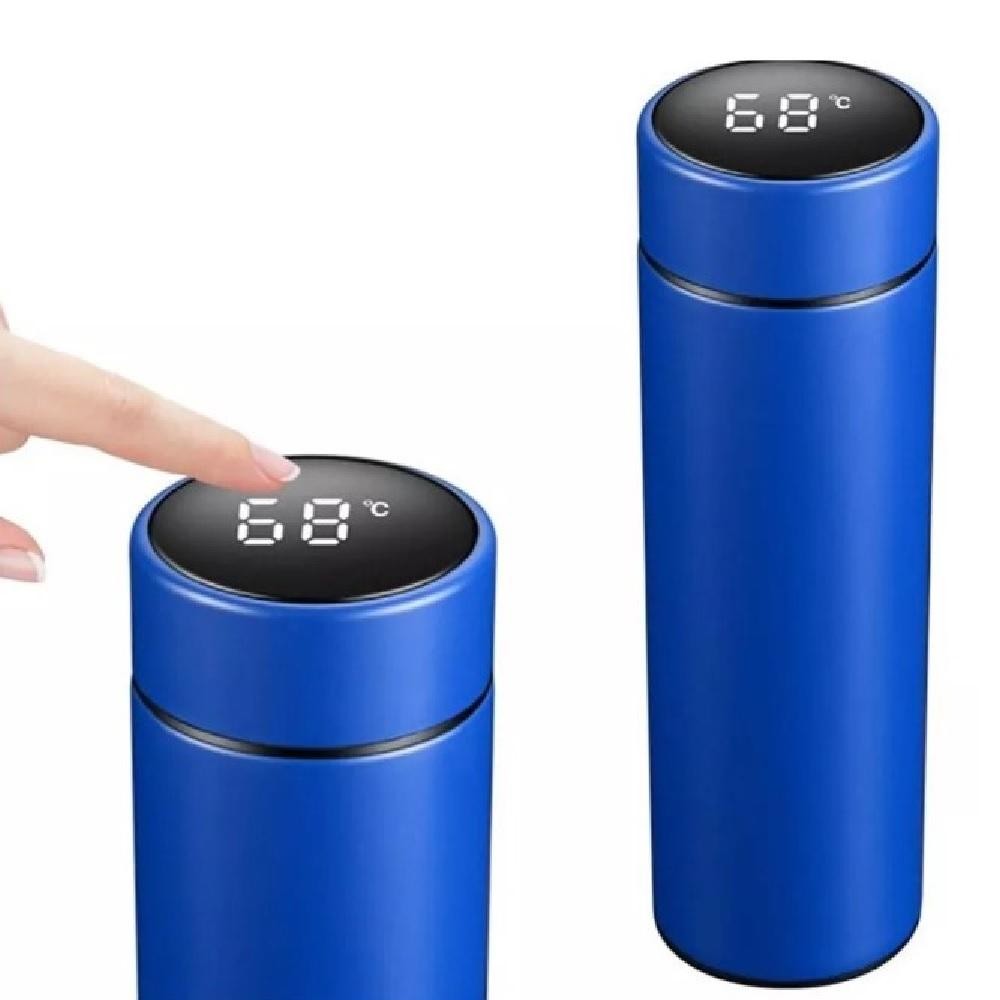 GARRAFA TERMICA DE INOX 480ML TERMOMETRO DIGITAL DISPLAY LCD COPO TERMICO AZUL LUXO MEDIDOR DE TEMPERATURA