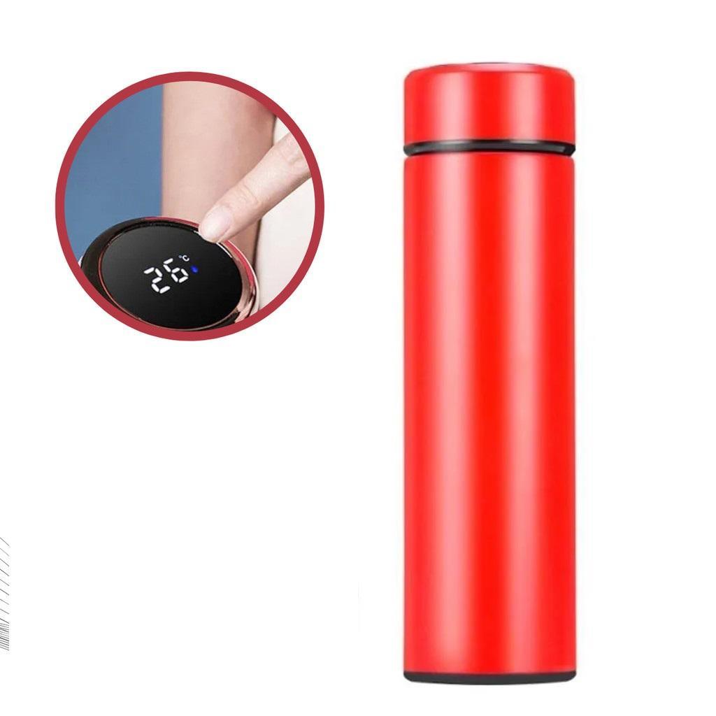 GARRAFA TERMICA VERMELHO LUXO 480ML COM COPO DISPLAY LCD DE TEMPERATURA INOX COM TERMOMETRO DIGITAL INTEGRADO