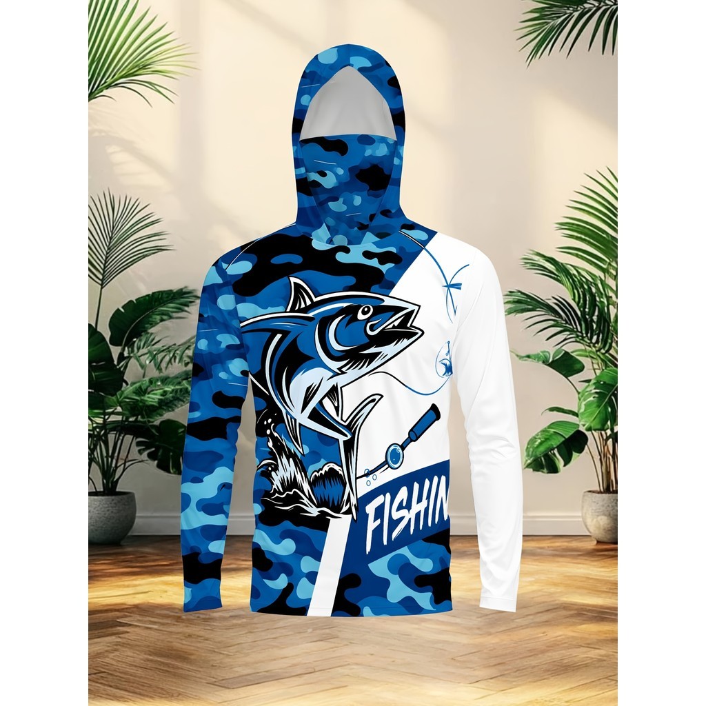 Masculino Digital impresso mascarado terno de pesca ao ar livre protetor solar respirável de secagem rápida com capuz te