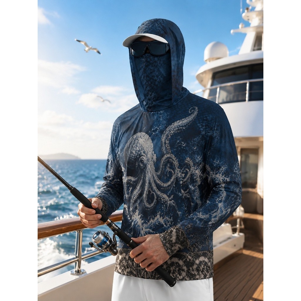 Masculino com capuz protetor solar roupas de pesca Digital impresso polvo padrão leve respirável esportes ao ar livre ja
