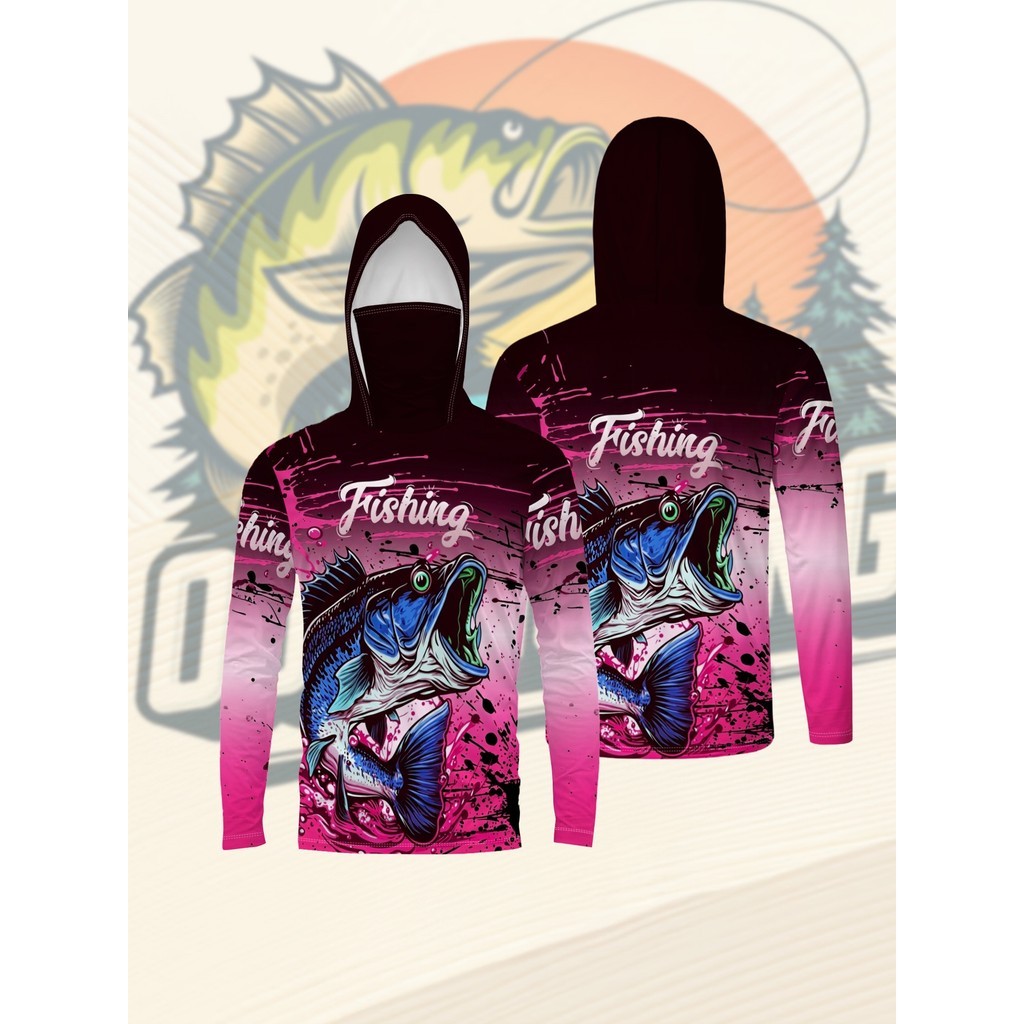 Roupas masculinas de pesca mascaradas com estampa Digital, pesca ao ar livre, Top respirável de manga comprida com capuz