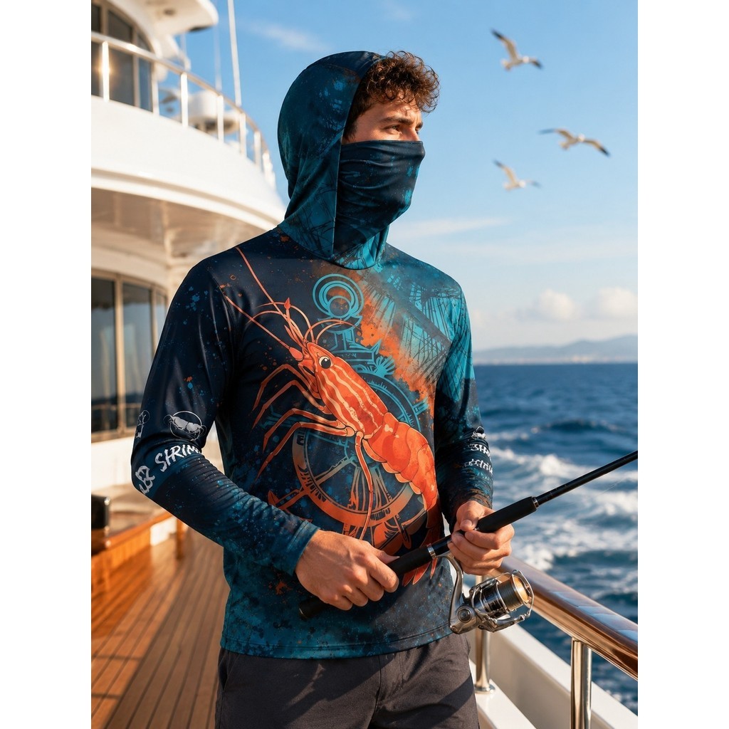 Masculino Digital impresso camarão Padrão leve respirável com capuz protetor solar roupas de pesca caminhadas ao ar livr