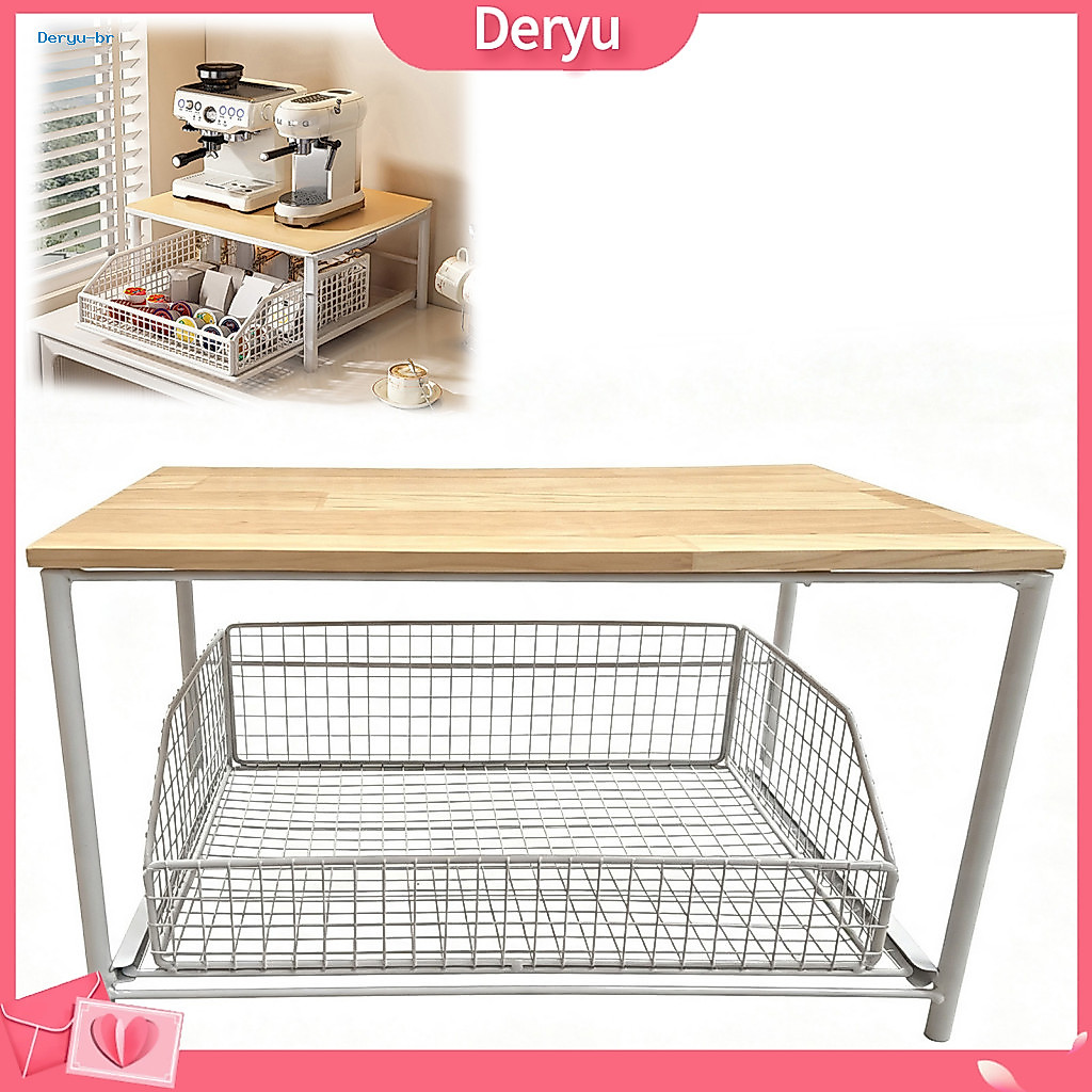 Kitchen Counter Organizer Coffee Capsule Drawer Two-tier Maker Storage Rack with – Wood Top Metal Basket for Office Br