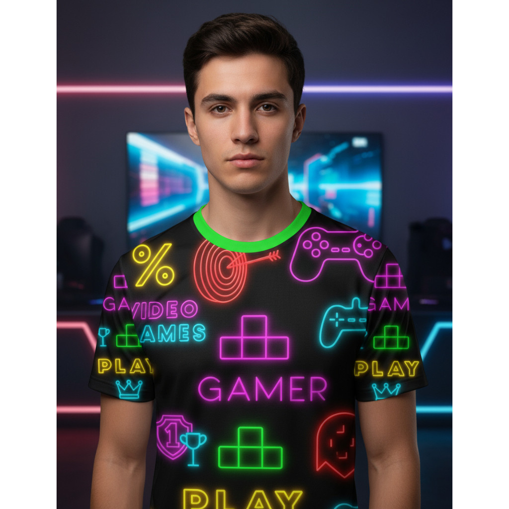 Camiseta Gamer Neon Retro Videogame Gamer Jogo Gaming Unissex