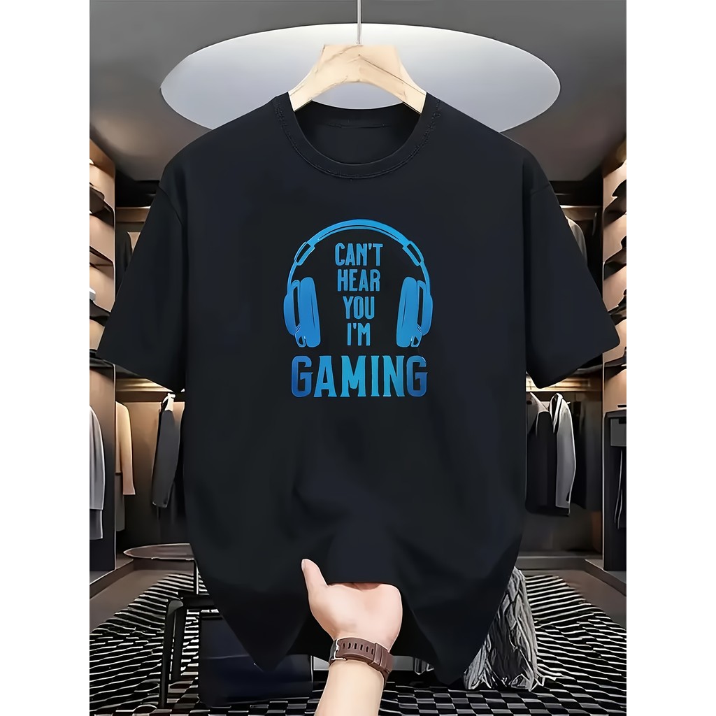Camiseta 2026 Confortáveis Letras Azul Fone de Ouvido Gaming Design Moderna Estilosa Divertida Verão