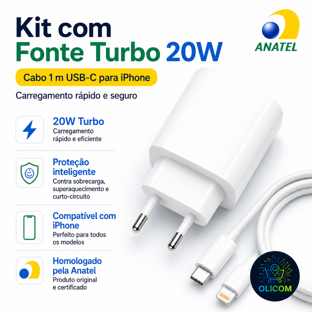 Carregador Rápido 20W USB C Cabo iPhone 8 X XR 11 12 13 14 Pro Max Fonte Turbo