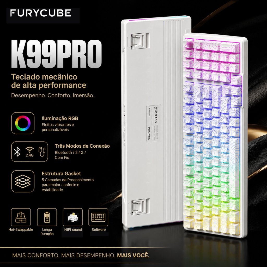 Teclado Gamer K99PRO Wireless com Hot Swap Gasket Switches 5 Pinos RGB NKRO Software Compatível com PC Tablet Notebook