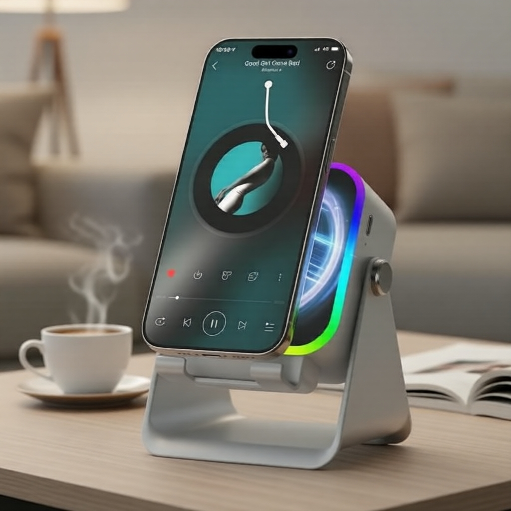 Estação de Carregamento Sem Fio 5 em 1, Suporte de Celular & Banco de Energia com Luz Noturna RGB e Suporte para Tablet