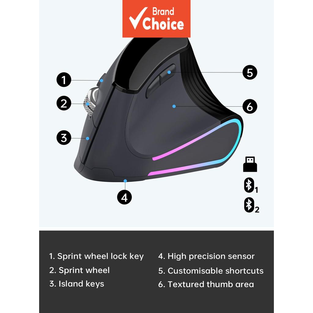 JOMAA Mouse Vertical RGB Iluminação Bluetooth+2.4G Ergonômico Sem Fio para PC/Tablet/Computador