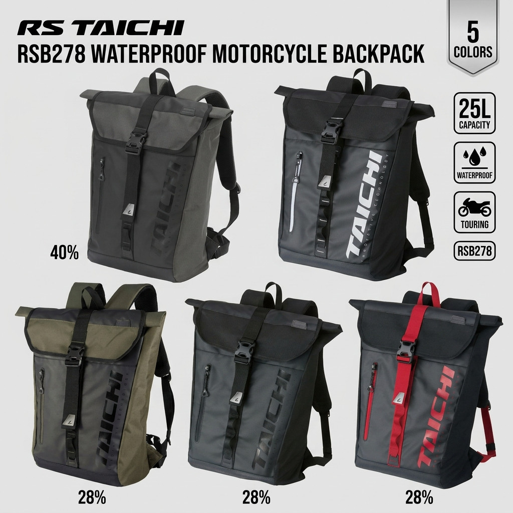 RS TAICHI Waterproof Motorcycle Backpack RSB278 - Unisex Touring - 25L Capacity - Multiple Colors Available