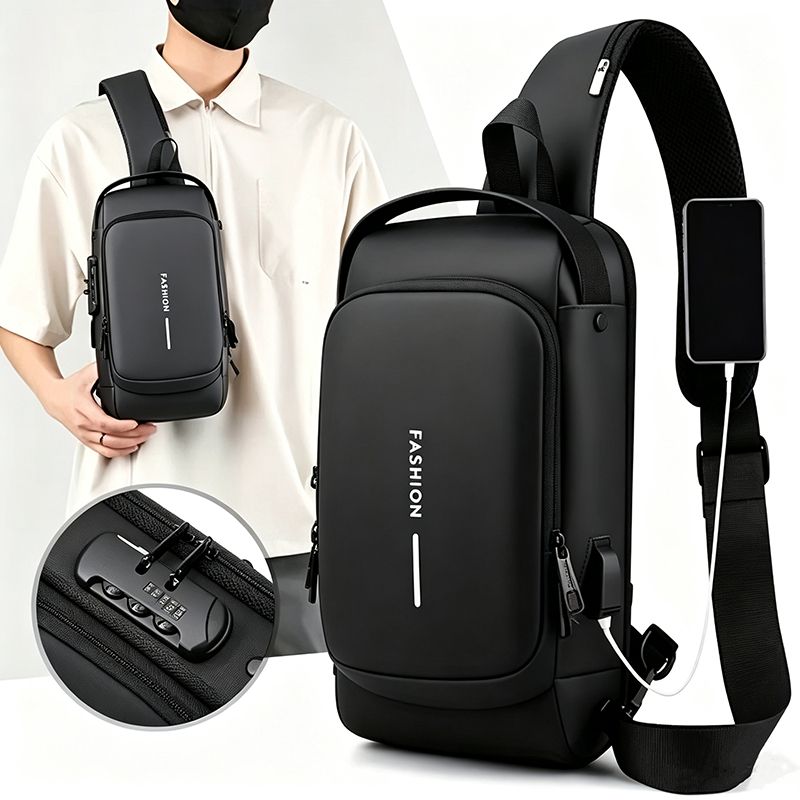 Compact Single-Sided Crossbody Shoulder Backpack USB Waterproof Code Lock