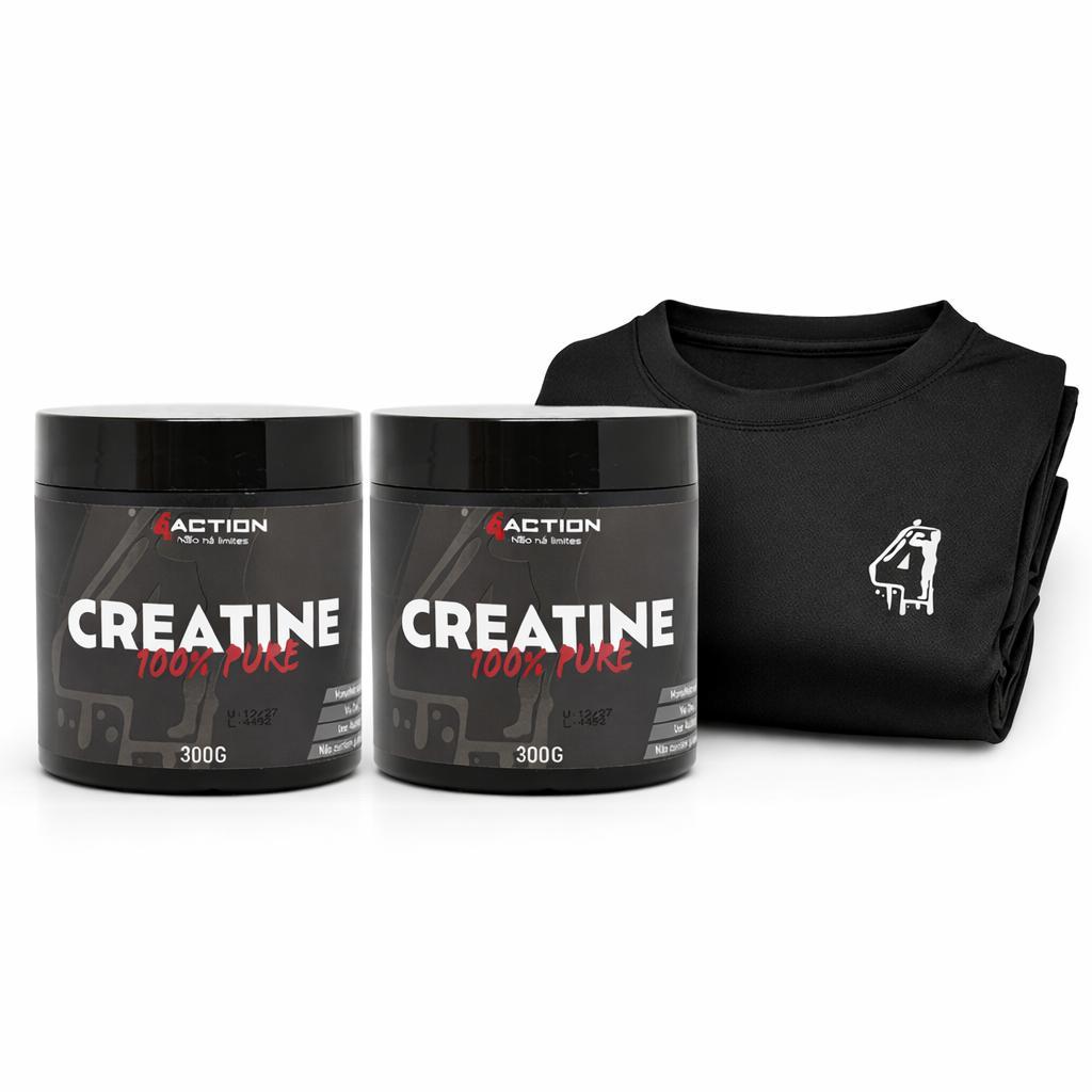 Kit 2x Creatina Monohidratada 100% Pura 300g Action + Camisa Dry Fit Preta Slim Brinde