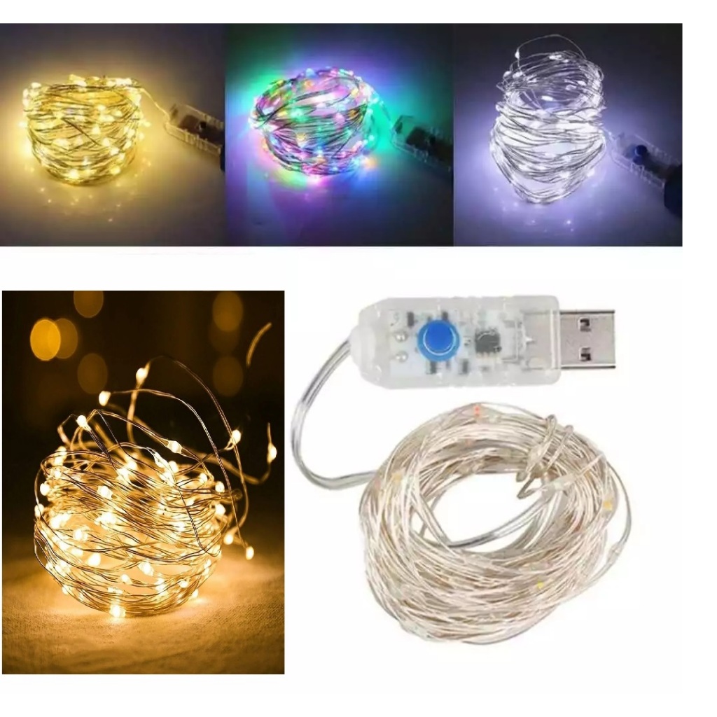 1 Fio Fada Cordão Luz Led 10 metros 100 Leds USB Festa Decoração Enfeite Natal Ano Novo