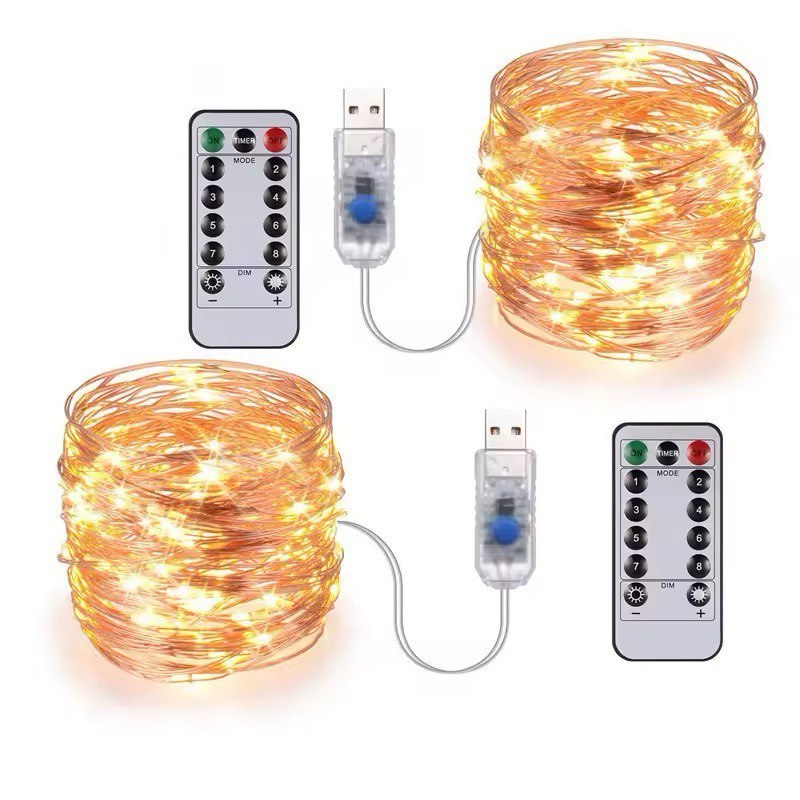 5 Fios Fada Cordão Led Amarelo 5 Metros USB e Controle Decoração Enfeite Festa Ano Novo Natal