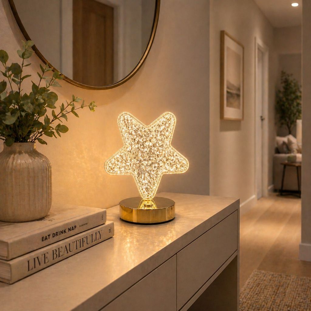 Luminária LED Estrela Cristal 3 Cores USB 5V/2A Abajur Decorativo Mesa Quarto Luz Quente Fria Neutra Toque