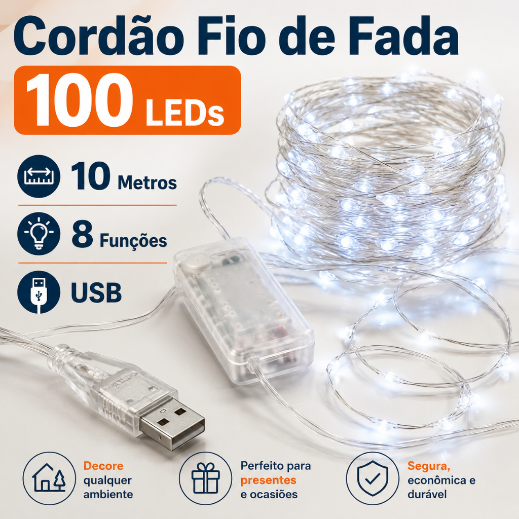 Cordão Fio De Fada 10m 100 lampadas led 8 funções Usb Decoração enfeite natal
