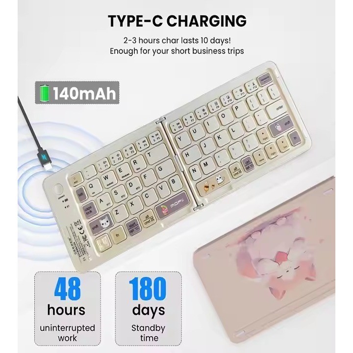 Mini Teclado Cat Portátil Dobrável Ultra Fino Sem Fio Bluetooth Para Vários Dispositivos P.HQ