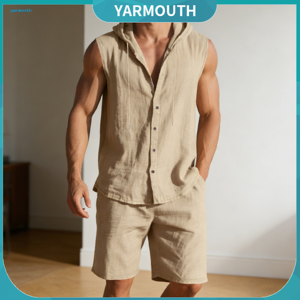 Breathable Summer Outfit Lightweight Men Suit Set Men's 2-pcs Sleeveless Hoodie Adjustable Waist Shorts Casual Workout H
