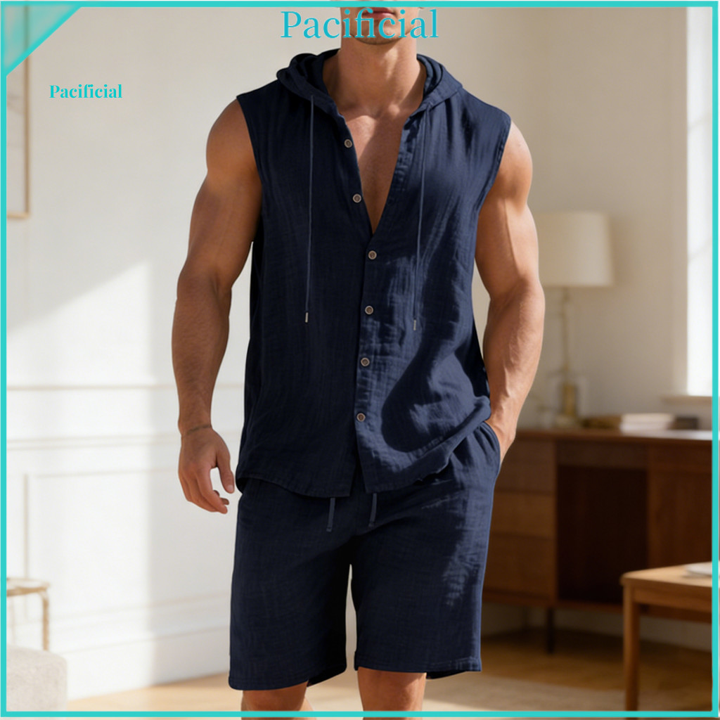 Casual Two-piece Suit Men Soft Set Men's Summer 2-pcs Sleeveless Hoodie Adjustable Waist Shorts Workout Hiking Outfit Li
