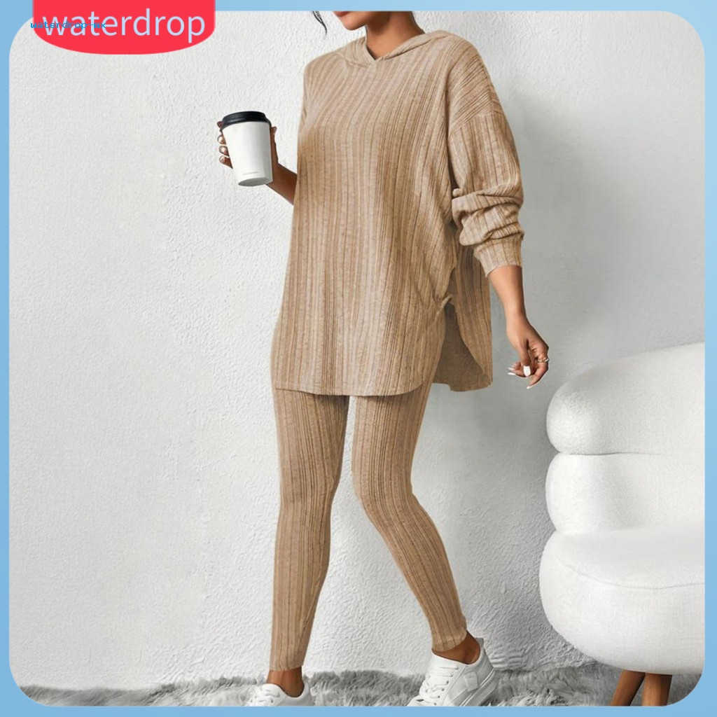 2 Pcs Women Hoodie Pants Set Slim Fit Adjustable Waist Sportswear Tracksuit Mid Length Hooded Top Long Sleeve Trousers A