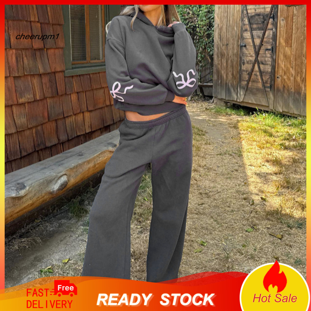 Women Wide Leg Sweatpants High Waist Set 2 Pcs Hoodie and Pants Bow Print Hooded Long Sleeve Top with Adjustable Trouser
